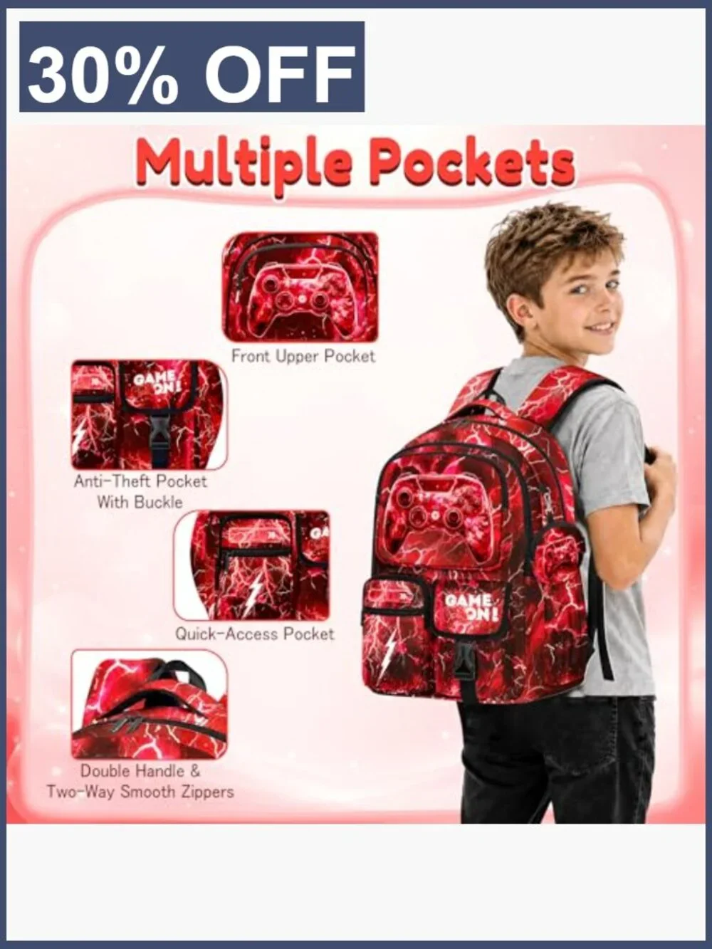 4-Piece Gamer Backpack Set with Lunch Box Pencil Case for School